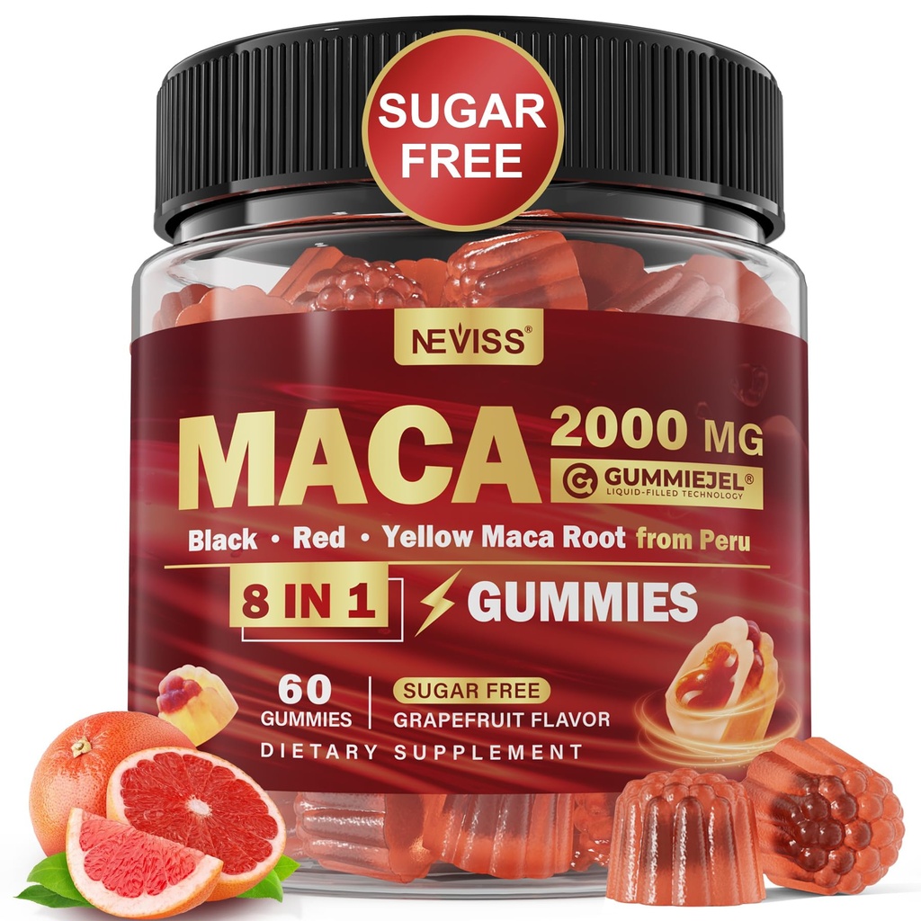 Maca Root Filled Gummies 2000mg for Women Men ← Sugar Free ← Orgánica Black, Red, Amarilla Maca Root Suplemento Gummy Chews con Ashwagandha Ginseng " Zinc ¦ Vegan, Non-GMO, Grapefruit Flavor, 60 Conde