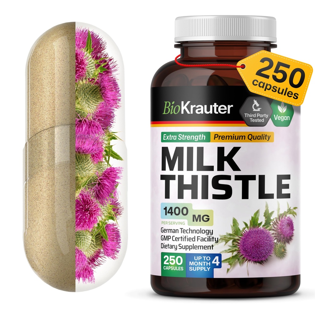 BIO KRAUTER® Milk Thistle Supplement for Liver Cleanse & Detox - Pure Vegan Milk Thistle Extract 1400 mg per Serving Сontains Silymarin - 250 Capsules, 125 Días de Suministro, Non-GMO
