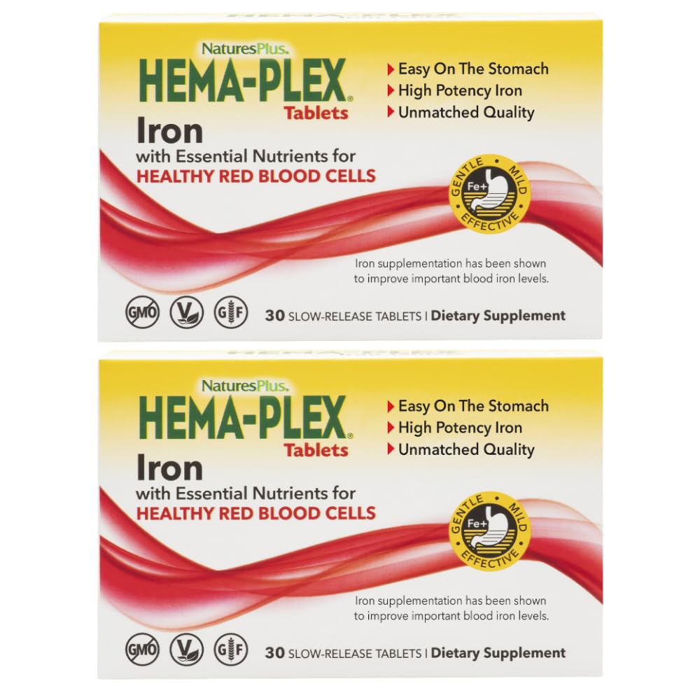 NaturesPlus Hema-Plex Iron - 30 Tablas de liberación lenta, Pack de 2 - Sangre total - 85 mg Hierro Chelated - con Vitamina C & Bioflavonoids - No GMO, Vegetariano " Gluten Gratis - 60 Total Servings