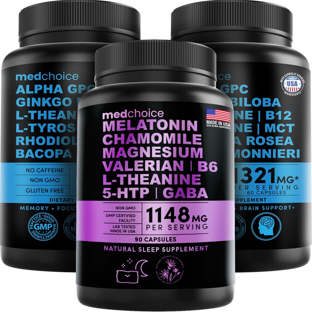 MEDCHOICE Melatonina del sueño (90ct) y Cerebro Nootrópico (120ct) Suplemento Bundle - Wellness Duo for Sleep, Brain, Focus, " Mood Support - Vegan, Non-GMO, Gluten-Free