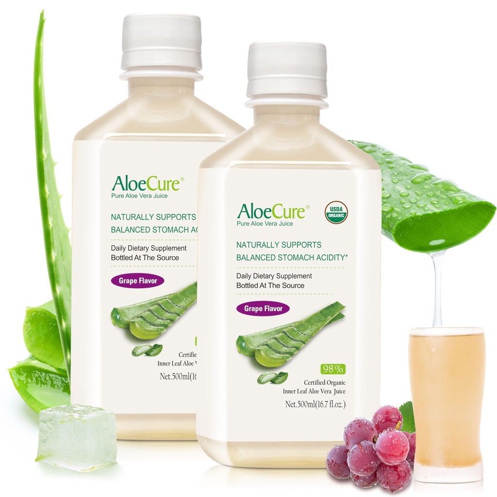 AloeCure USDA Organic Aloe Vera Juice Grape Flavor, Made Within 12 Hours of Harvest - Pure Aloe Vera Digestive &amp; Immune Health Supplement, Helps Maintain Balanced Stomach Acidity, 16.7oz x 2 Btls
