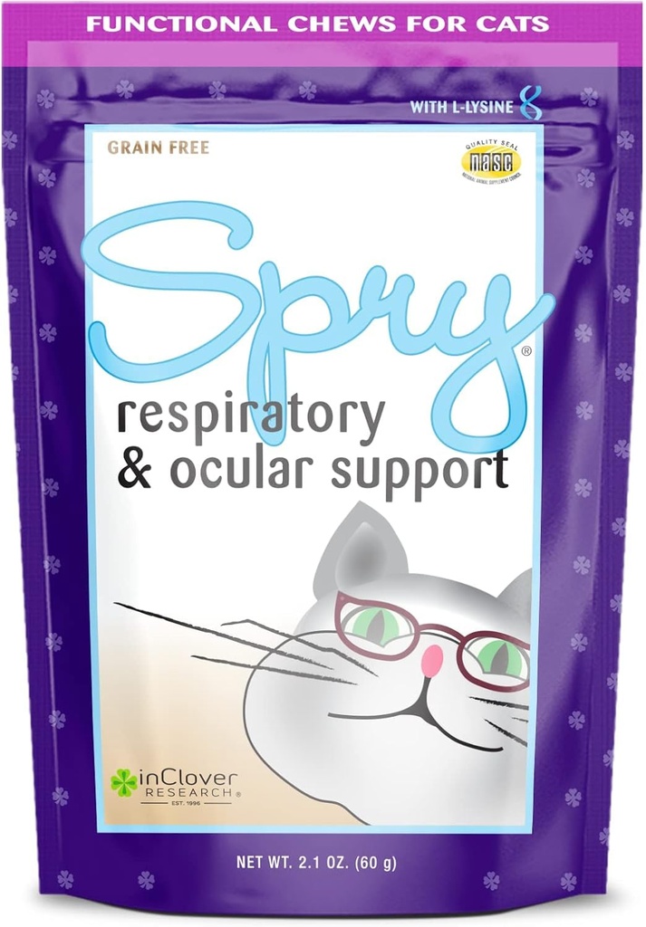 En Clover Spry Daily Respiratory and Ocular Support Soft Chews for Cats, con L-Lysine, Superfoods y Prebióticos para un Strong Immune System, 2.1 oz. (60 cuentan)