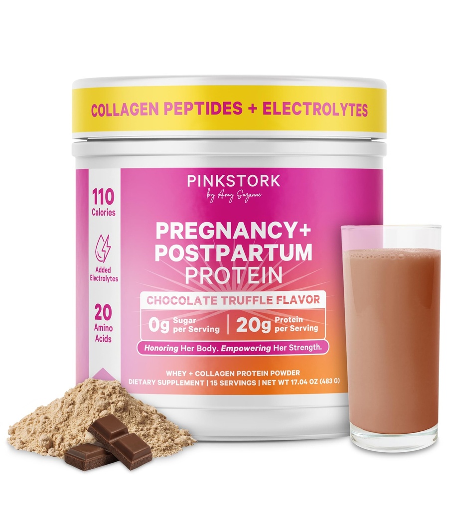 Pink Stork Pregnancy & Postpartum Protein Powder for Women, 20g Whey & Collagen, Prenatal " Breastfeeding Protein Shake Mix for Energy, Recovery " Hydration, Chocolate, 15 Servings