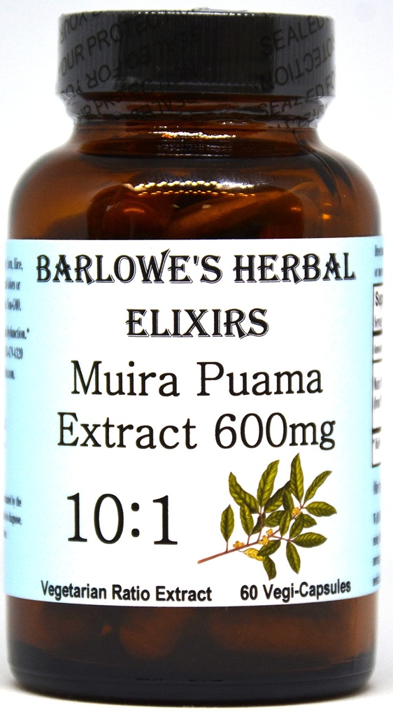 Barlowe's Herbal Elixirs Muira Puama 10:1 Extracto TENIDO 600mg Por Capsule ← Tradicional masculino Vitality Suplemento TEN 60 Vegan Capsules TENIDO Stearate-Free, Non-GMO, Envasado en botella de vidrio