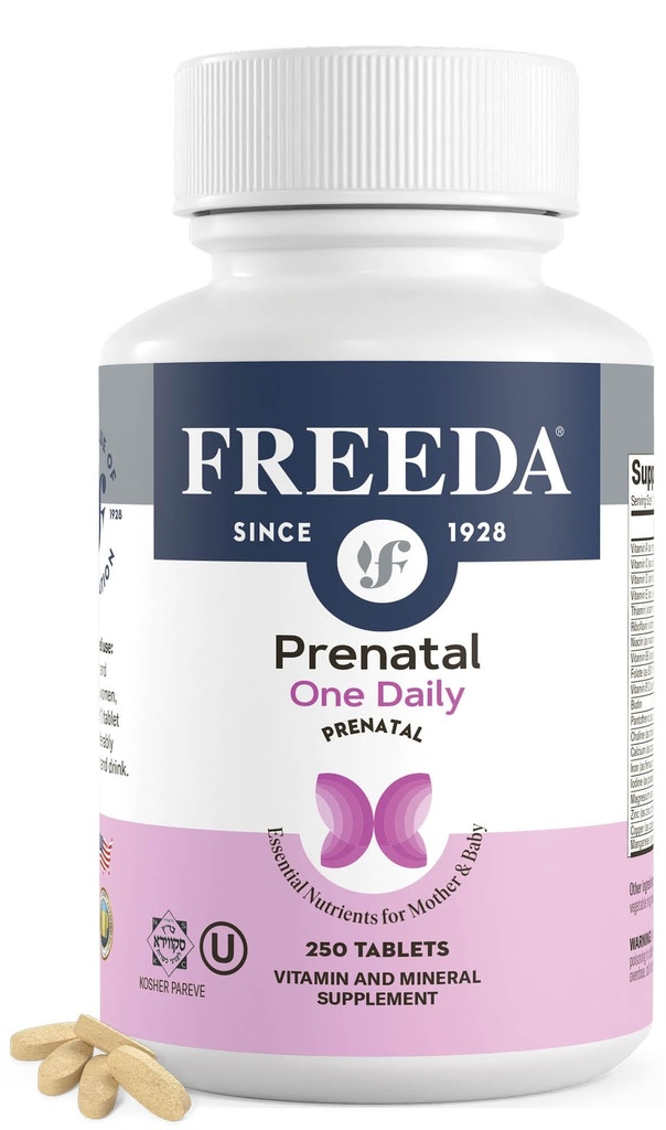 FREEDA Prenatal Vitamina - Kosher Prenatals - Vitaminas Prenatales con Hierro, Ácido Fólico Prenatal, Choline, Vitamina D - One Daily Pre Natal Multivitamin Support for Pregnant " Lactating Women (250)