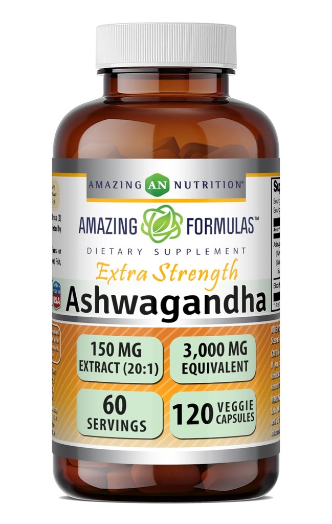 Fórmulas asombrosas Ashwagandha Extracto Suplemento Silencio 150 Mg Extracto (20:1) Silencio Equivalente a 3000 Mg Silencio Veggie Capsules ← Non-GMO ← Gluten-Free Silencio Hecho en EE.UU.