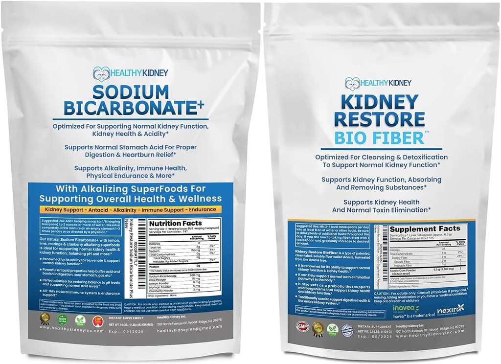 Organic Sodium Bicarbonate Alkaline Supplement 1.5LB & Bio Fiber Kidney Cleanse Detox 2.5 LBS Bundle – Apoya Kidney Health, Stomach Acid Neutralizer, Alkaline Superfoods, Immune Support, Detox