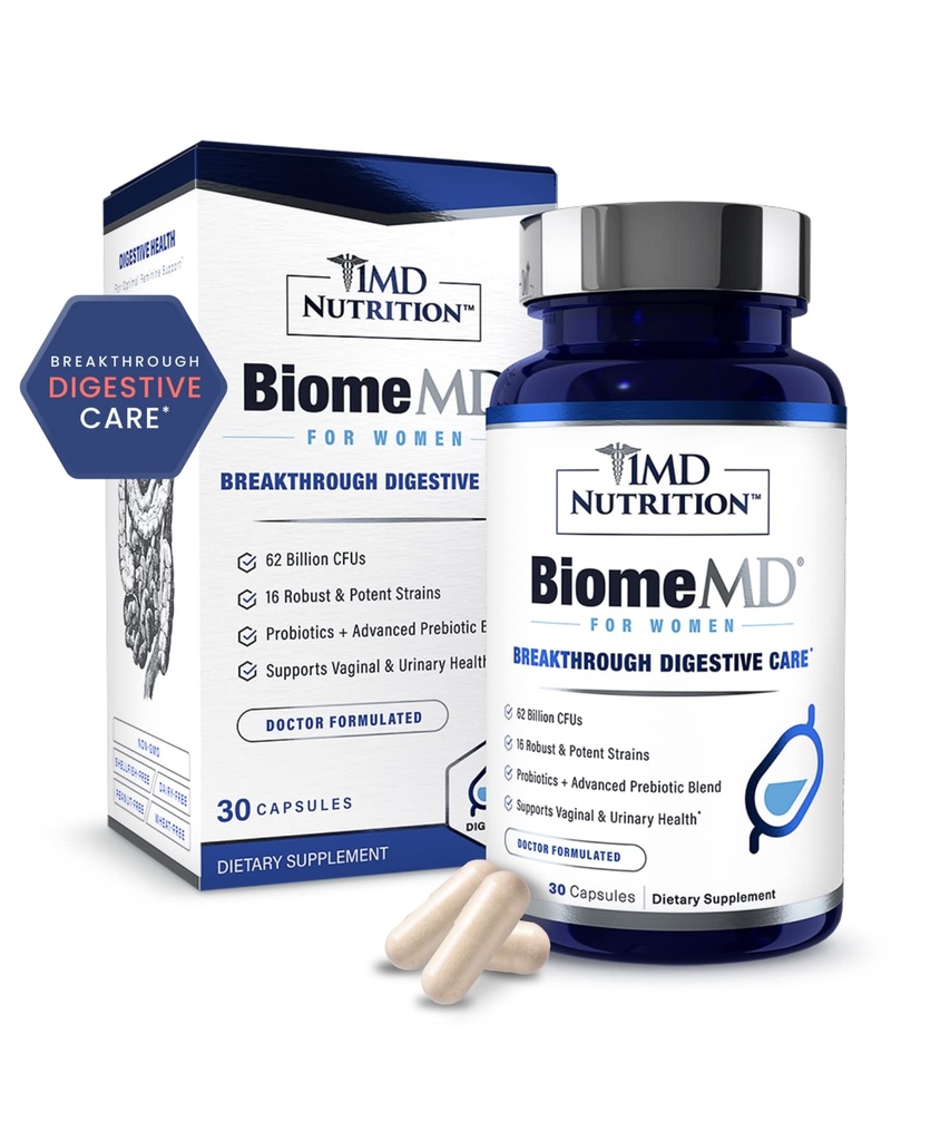 1MD Nutrición BiomeMD Probióticos para Mujeres - Prebióticos y Probióticos diarios para Mujeres - Más de 60 Billones CFUs, 15 Strains - Mujeres Probiótico para apoyar la salud urinaria y vaginal - 30 cápsulas