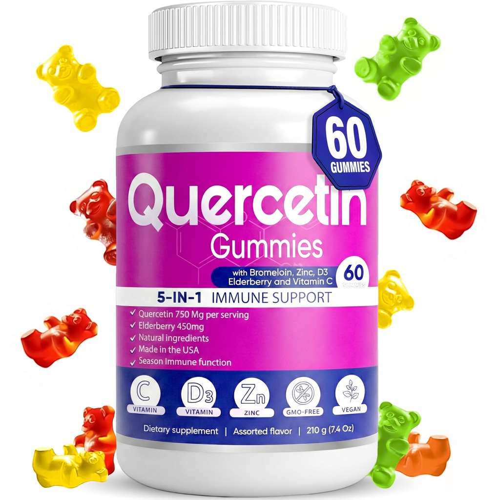 Gummies de Quercetina por BioVitalica - Quercetina con Bromelaina Vitamina C y Zinc &amp; Elderberry + Vitamina D3-5 en 1 Apoyo Inmunitario - Zinc Quercetin 750 mg para niños y adultos (1)