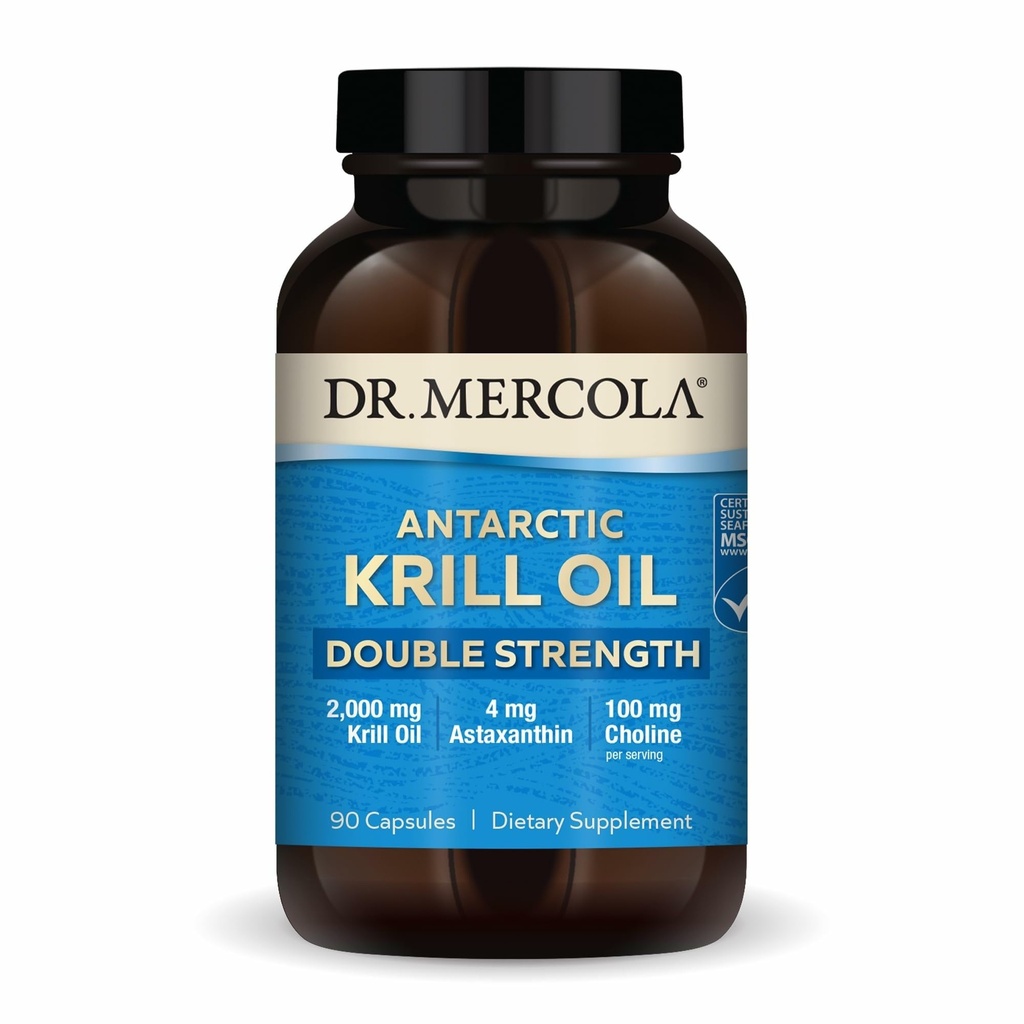 Dr. Mercola Antártico Krill Oil Double Strength - 2,000 mg - Omega-3 Suplemento con EPA & DHA - Apoya Cerebro, Corazón, Salud Conjunta e Inmunitaria - GMO-Free &amp; Gluten-Free - 90 cápsulas (30 servidos)