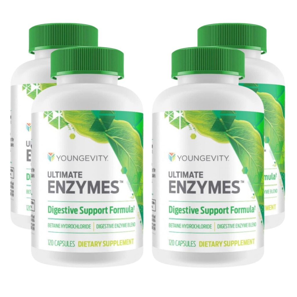 Youngevity Ultimate Enzymes® - Multi Enzymes for Digestion, Gas &amp; Bloating Relief - Betaine HCl, Ox Bile, Pancreatine 10X, Papain 6M, Pepsin 1:3000 (120 cápsulas - 4 Pack)