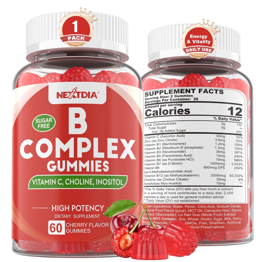 Complejo de vitamina B Gummies, Vitamina Vegan B Gummies con 2000 mcg Methyl B12, Metil Folate tención Plus Choline + Inositol, Vitamina C + Zinc para soportes Energía, Mood, Immune, Pelo sano, Piel - 60 Cts