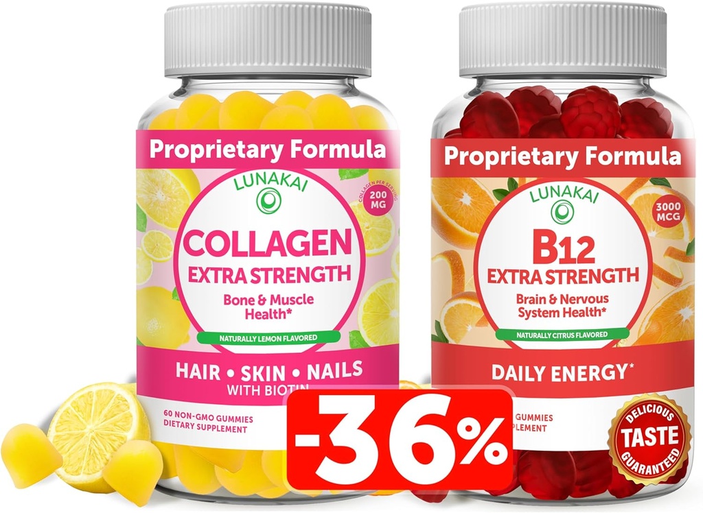 Lunakai Collagen " Biotin Gummies Bundle - Vitaminas para el cabello, la piel y la apariencia juvenil - Suplementos de proteínas anti envejecimiento no transgénicos para mujeres de 30 días