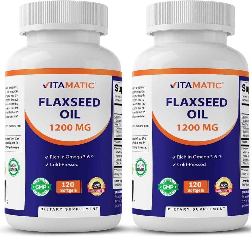 Vitamatic 2 Pack Flaxseed Oil 1200mg 120 de Cold Pressed Flax Seed - 675 mg de ALA Omega 3 ácidos grasos para mejorar la salud cardíaca