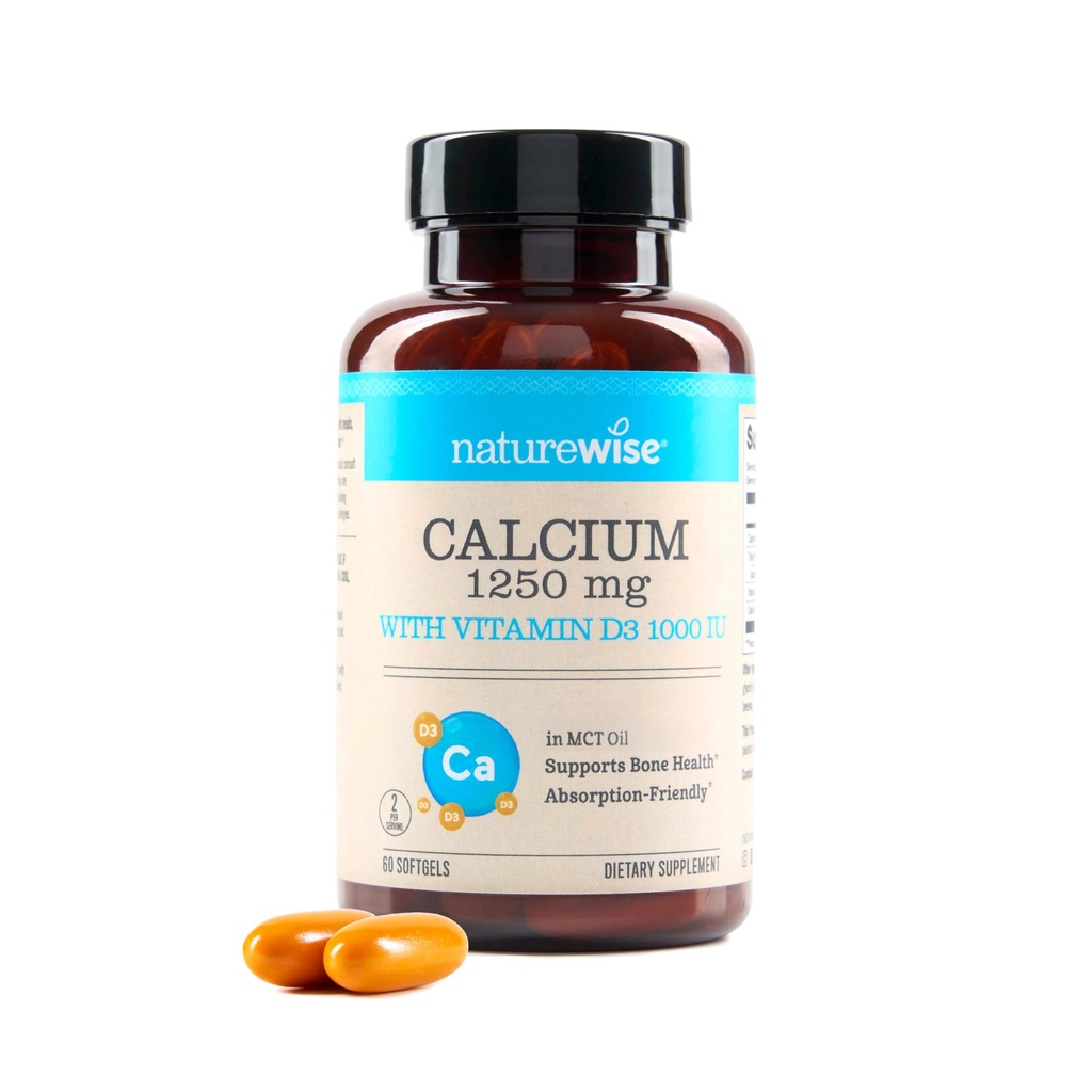 NatureWise High-Purity, All-Natural Calcium 1250mg + Vitamin D3 1000IU + Organic MCT Coconut Oil - Embarazo Seguro + No GMO - Absorción Friendly, Gluten Free - 60 Softgels[30-Day Supply]