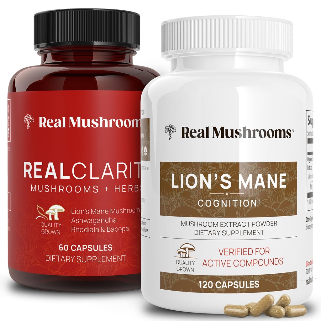 Real Mushrooms RealClarity (60ct) y Lions Mane (120ct) Capsules Bundle - Mushroom Supplement for Brain Health, Mental Clarity, Focus, Cognition & Immune Support - Brain Vitamins w/Ashwagandha