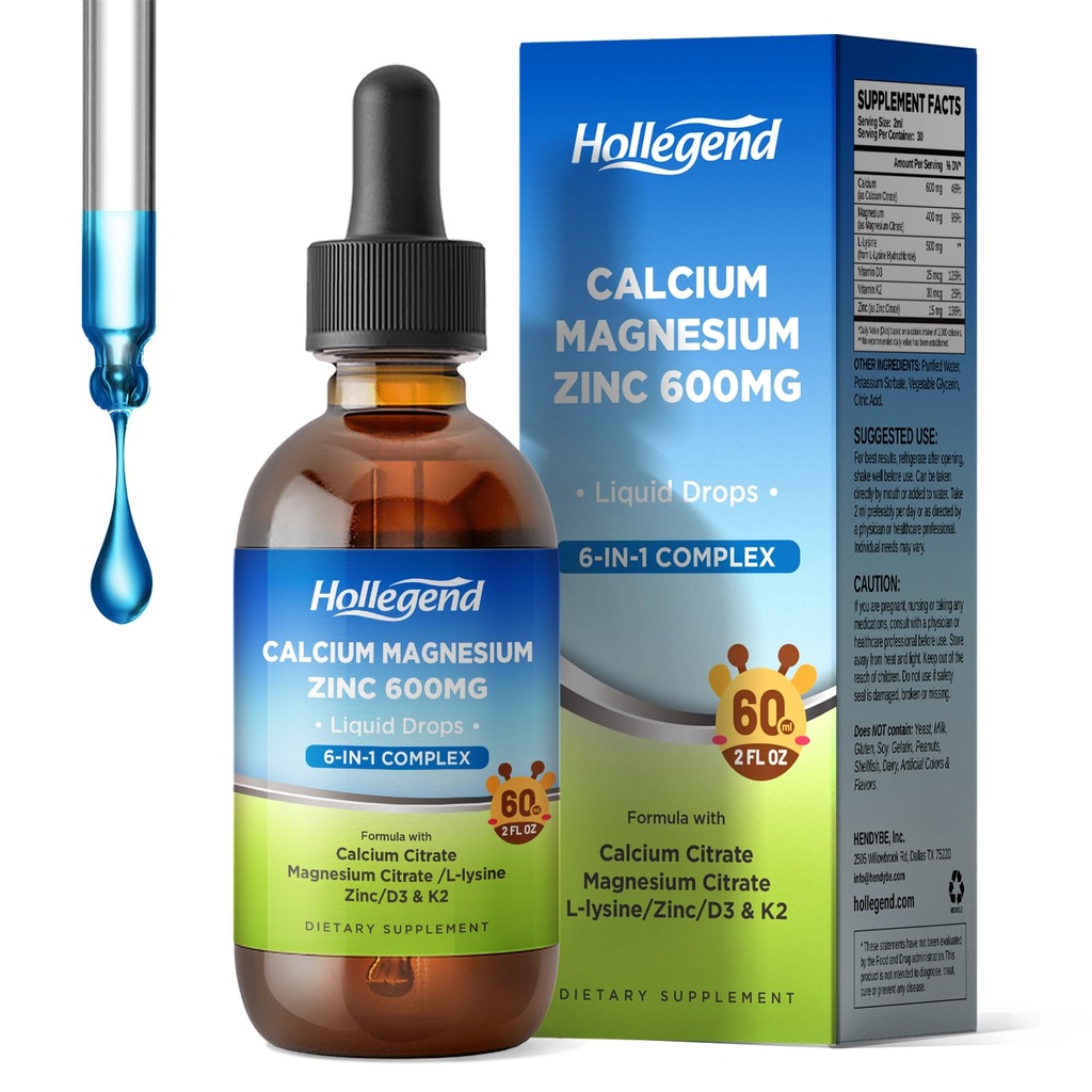 Bombas de Citrato de Calcio líquido con L-Lysine 500mg, Magnesio &amp; Zinc, Calcio Citrate 600mg Suplemento con Vitamina D3 &amp; K2 para Adultos Infantiles, 2 Fl Oz