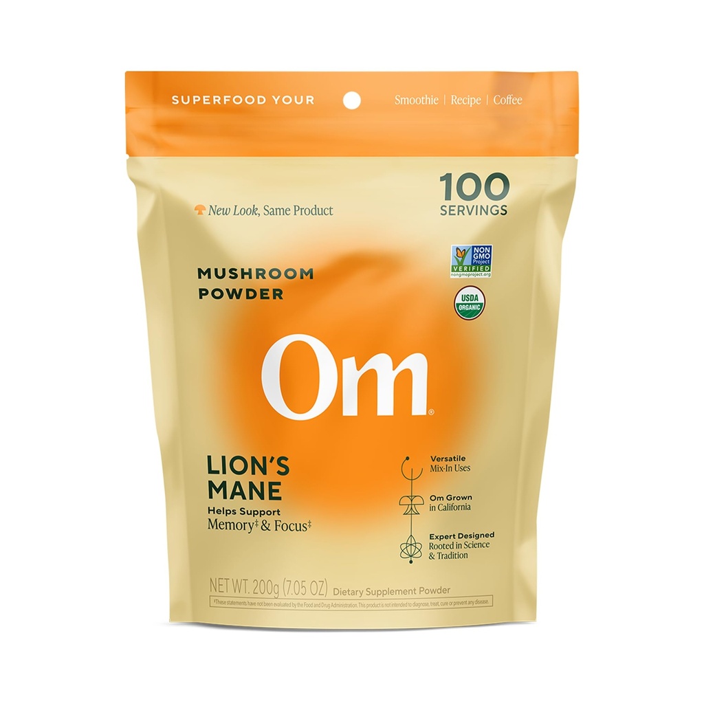 Om Lion’s Mane Mushroom Powder - Suplemento orgánico de setas y Nootropic - Memoria de apoyo, Focus y Nerve Health, 7.05 oz (100 servidumbres)