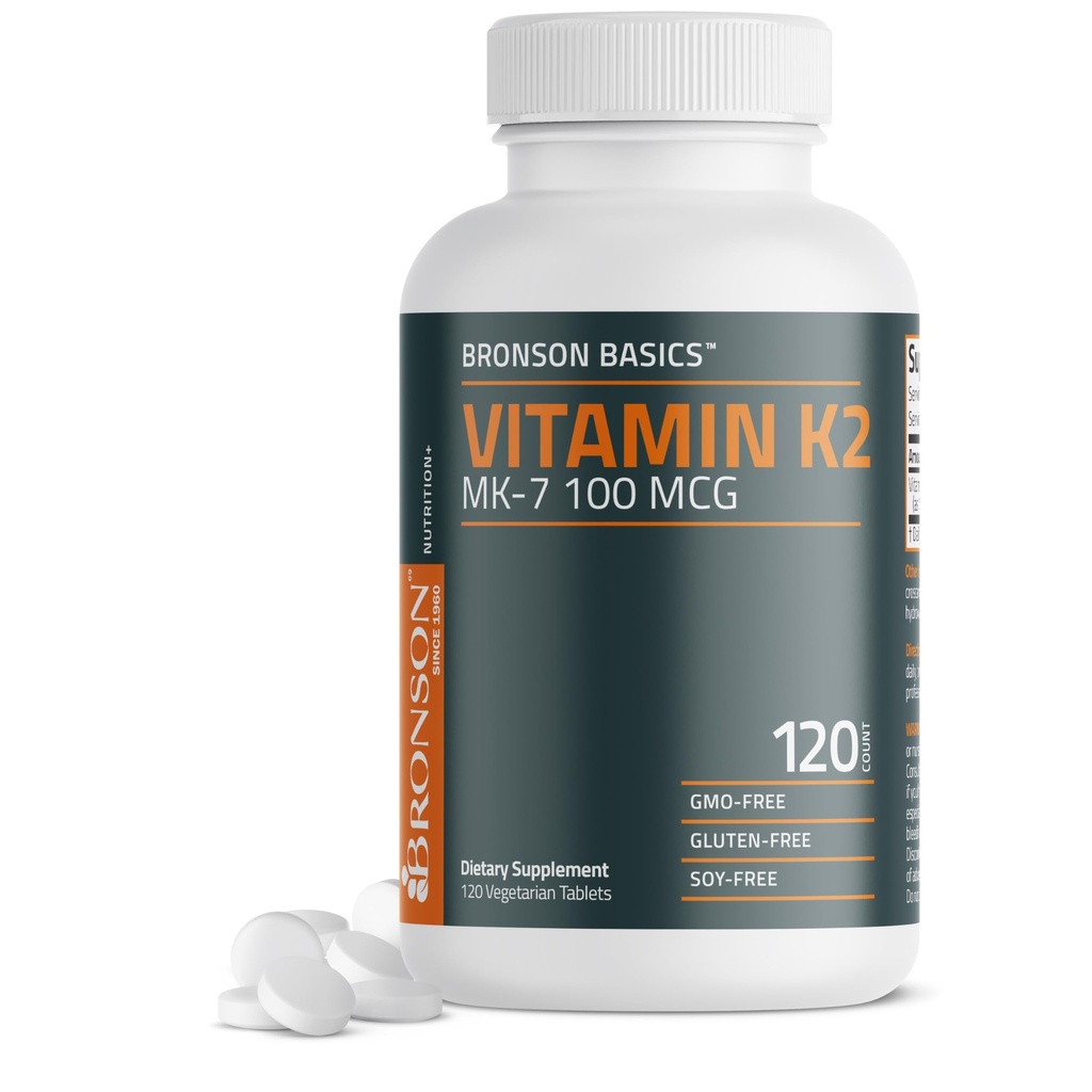 Bronson Vitamin K2 MK-7 100 MCG, K2 como MK7 Menaquinone, Bone Support Non-GMO, 120 Tablets