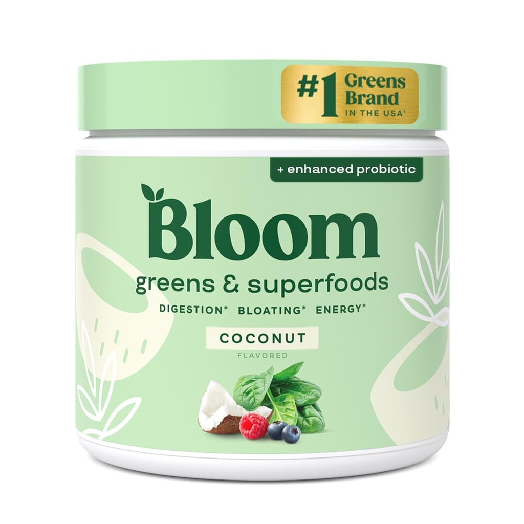 Bloom Nutrition Superfood Greens Powder, Enzymes Digestivos con Probióticos y Prebióticos, Gut Health, Bloating Relief for Women, Chlorella, Green Juice Mix with Beet Root Powder, 30 SVG, Coconut