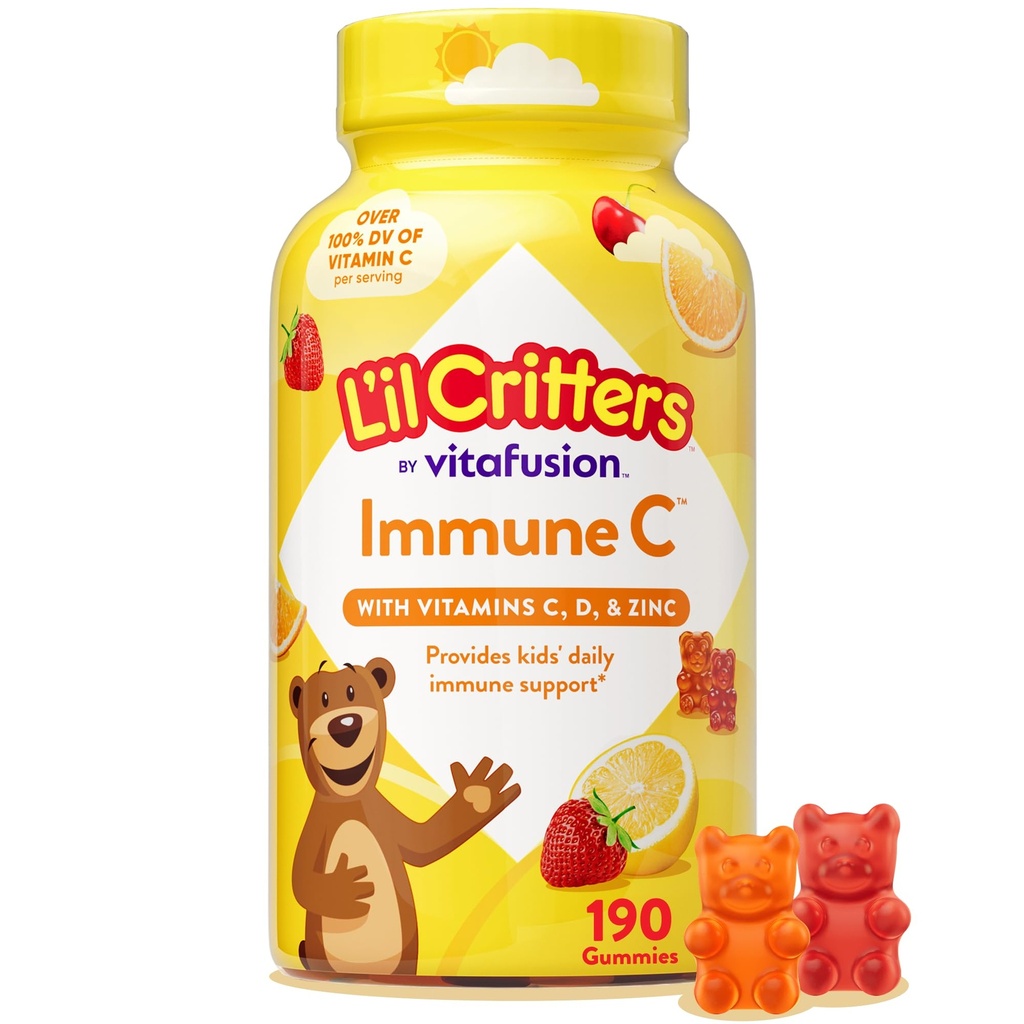 L’il Critters Immune C Daily Gummy Suplemento Vitamina para Niños, para Vitamina C, D y Zinc para Immune Support, Orange, Lemon, Strawberry y Cherry Flavors, 190 Gummies (Packaging May Vary)