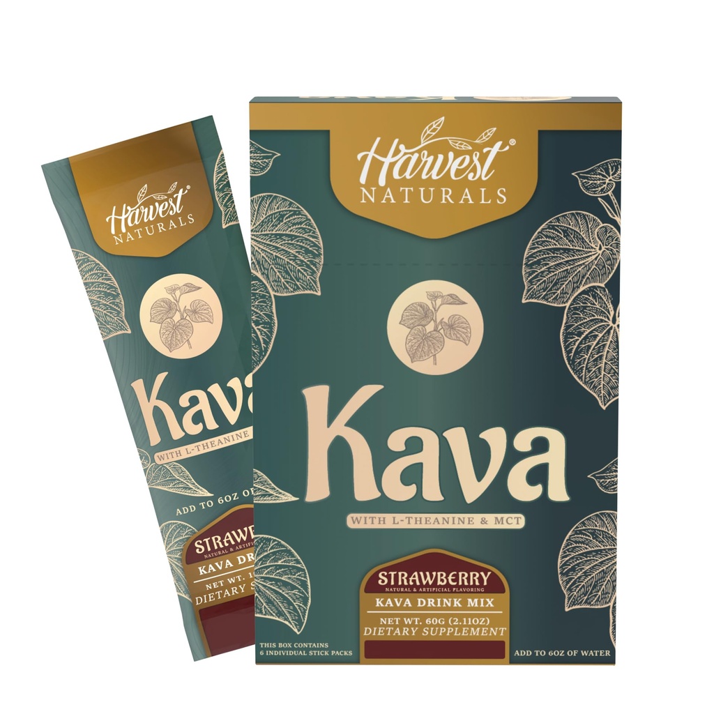 Kava Extracto con L-Theanine &amp; MCT Drink Mix ¦ Strawberry Flavor ¦ On-The-Go Sticks Add to Water ← 6 Sticks (6 Servings)