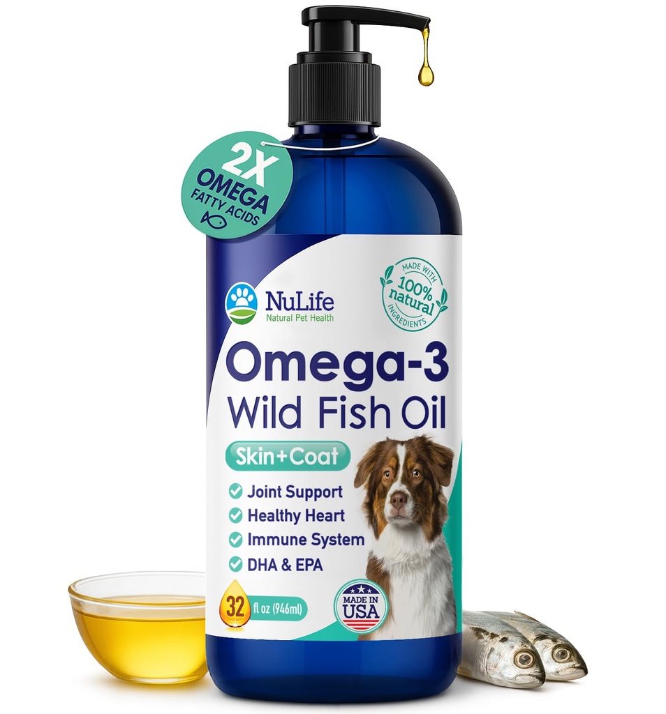 Aceite de pescado líquido para perros con Omega 3, 6 &amp; 9 ácidos grasos, Wild Caught from Iceland, Skin and Coat Supplement for Shedding, Itchy Skin, Alergies, Brain and Heart Health, Rich in EPA + DHA - 32 oz
