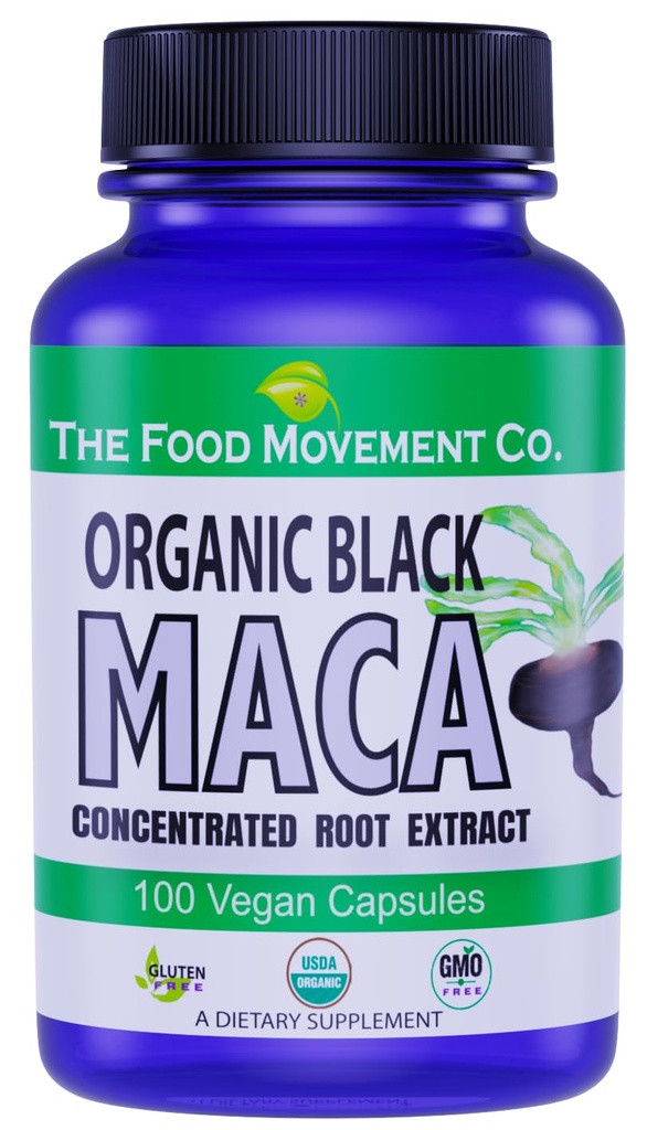 EL MOVIMIENTO DE FOOD CO. Maca Negro 500mg 60 cápsulas - Orgánica, No GMO, Vegan, Gluten libre- Negro Maca suplemento para la totalidad del bienestar corporal