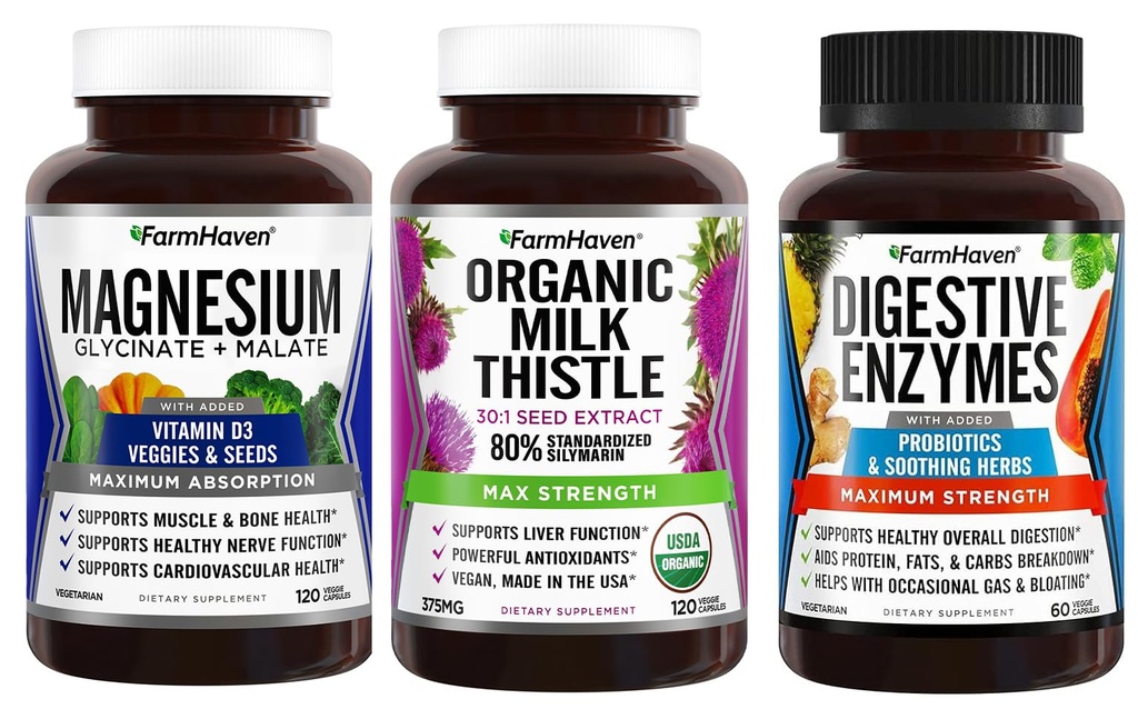 FarmHaven Magnesium Glycinate " Malate + Leche Thistle + Enzymes Digestivos con Probióticos
