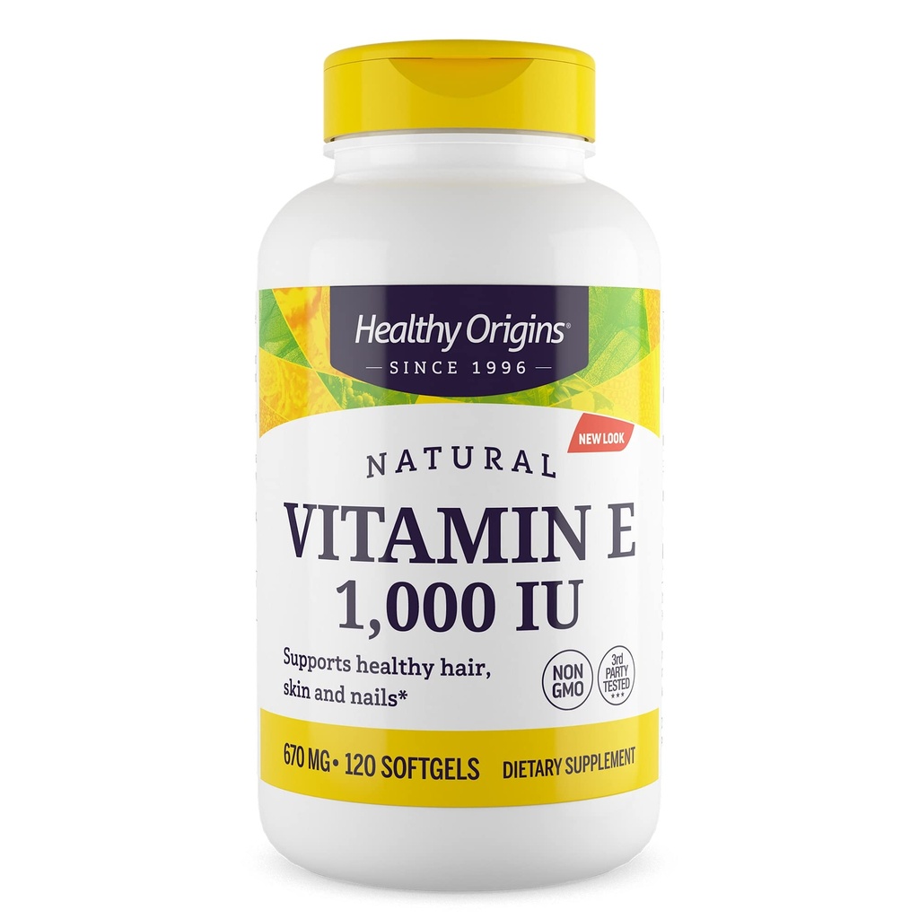 Orígenes saludables Vitamina E, 1.000 UI (Natural) Tocoferoles mixtos - Suplemento de vitamina E - Esquía sin gluten, pelo y uñas Vitamina - 120 Softgels
