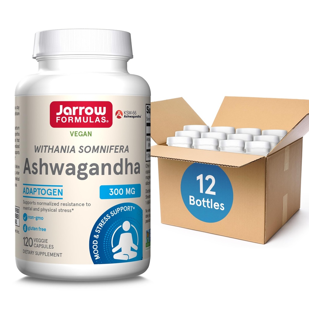 Fórmulas Jarrow Ashwagandha 300 mg - 120 Cápsulas Veggie - Salud general y resistencia a la fatiga - Suplemento Apoya resistencia, recuperación muscular y salud cognitiva - 60 Servimientos (Pack of 12)
