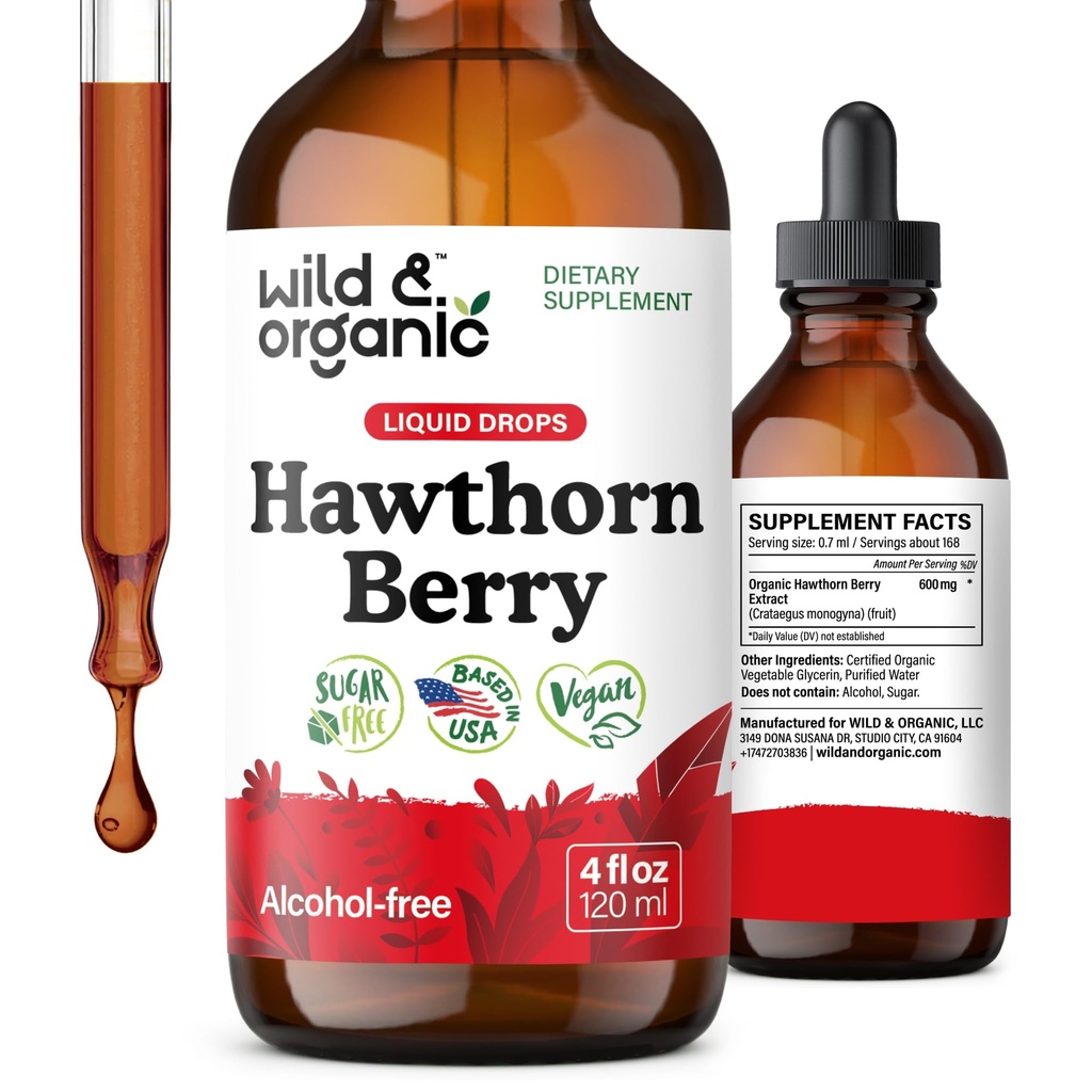 Wild &amp; Organic Hawthorn Berry Tincture 600 mg - Liquid Hawthorne Berry Supplement for General Support - Vegan, Sugar &amp; Alcohol-Free Fruit Extract Drops - 4 fl oz