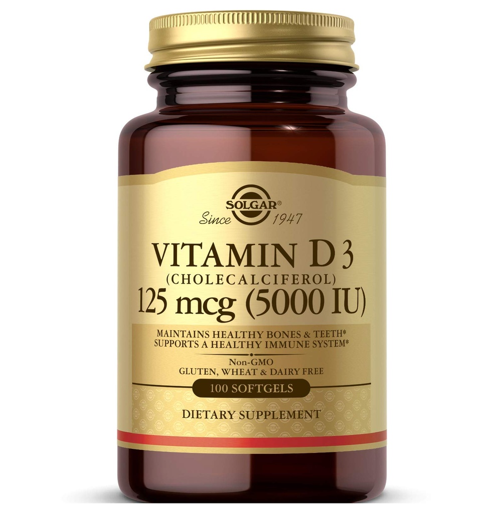 Solgar Vitamina D3 (Cholecalciferol) 125 MCG (5000 UI), 100 Softgels - Ayuda a mantener los huesos saludables " dientes - Apoyo al sistema inmunológico - no GMO, libre de gluten, libre de lácteos - 100 piezas