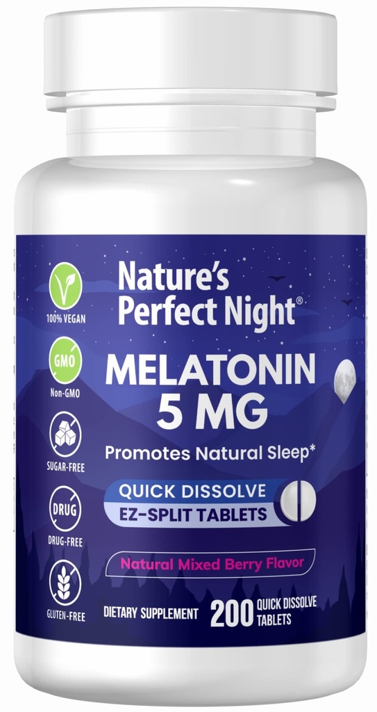 La noche perfecta de la naturaleza ← Melatonin 5mg  200 Quick Dissolve Tablets ← Natural Mixed Berry Flavor ←Preferred Potency ← Sugar Free ← Vegan TEN Gluten Free ← Índice