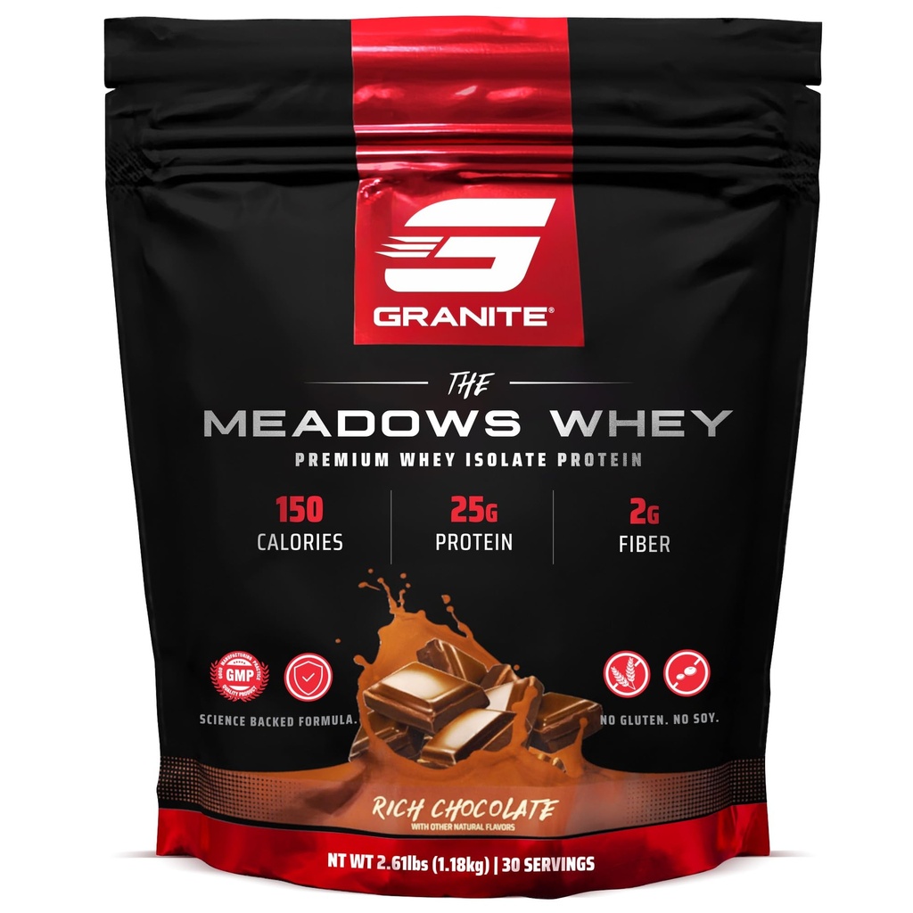 Suplementos Granitos Los prados Whey Protein Isolate Protein Powder para el músculo magro con 150 Calories, 2g Fiber, 1g Sugar (30 Servings), Rich Chocolate Flavor