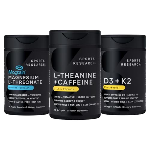 Investigación Deportiva Magtein Magnesium L-Threonate Capsules (2000mg, 90 capsules), Vegan Vitamina D3 + K2 w/Organic Coconut Oil (5000iu VIT. D 100mcg Mk7 VIT. K, 60 Softgels) y L-Theanine (200mg, 60 ct)