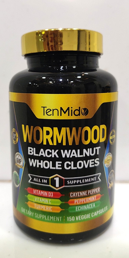 Wormwood Capsules Suplemento para Hombres y Mujeres, 10in1 Fórmula con nuez negra, dientes enteros, turmérico, pimienta de cayena &amp; Más - Digestivo, apoyo inmunitario - Nutrient Rich - 150 cápsulas