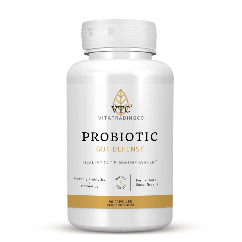 VTC VitaTradingCo. Probiótico Gut Defense ← Probióticos y Prebióticos para Gut Health " Digestion TEN 1 Billion CFU with Whole Food Base TEN 90 Capsules