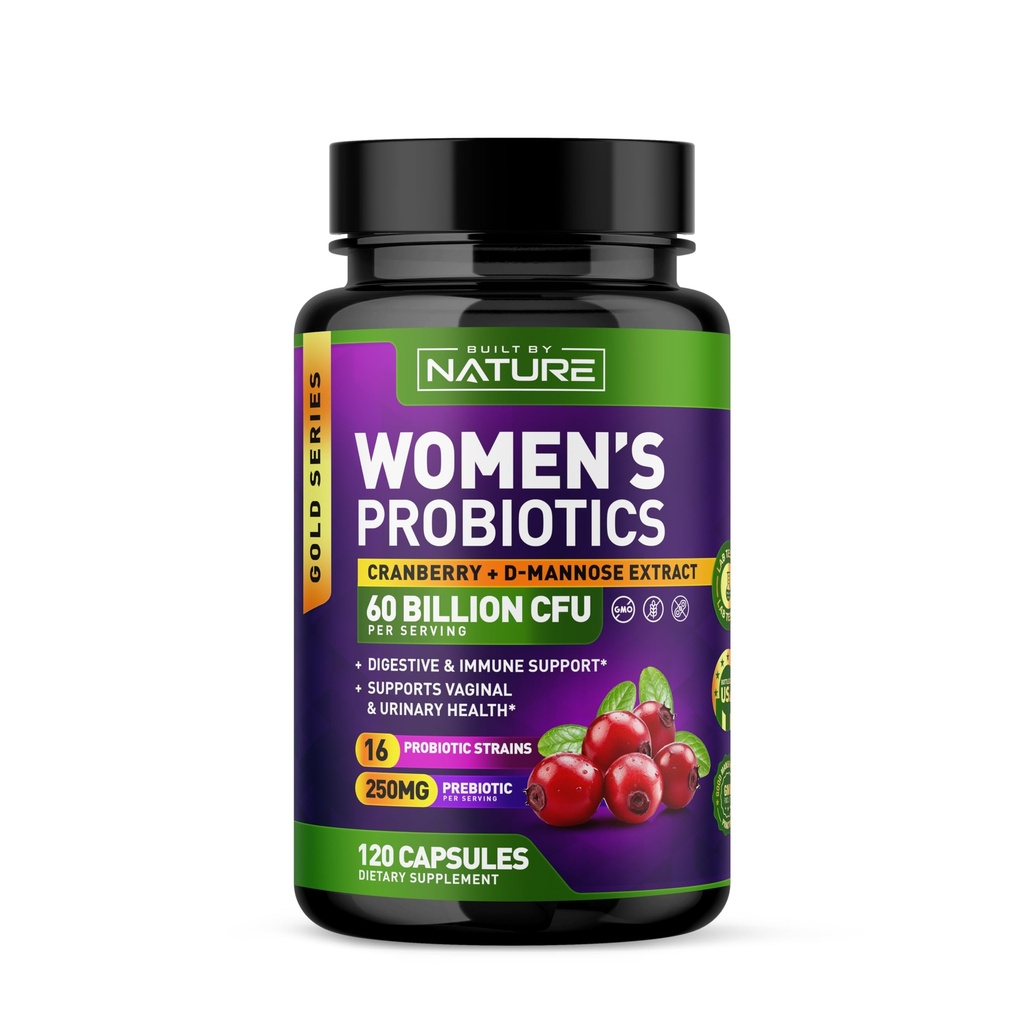Probióticos para Mujeres - 60 Billones de UF, 16 Strains, con Cranberry, D-Mannose & Prebióticos - Apoyo Digestivo, Inmune, & Vaginal Health - Non-GMO, Dairy &amp; Gluten-Free - 120 Veggie Capsules