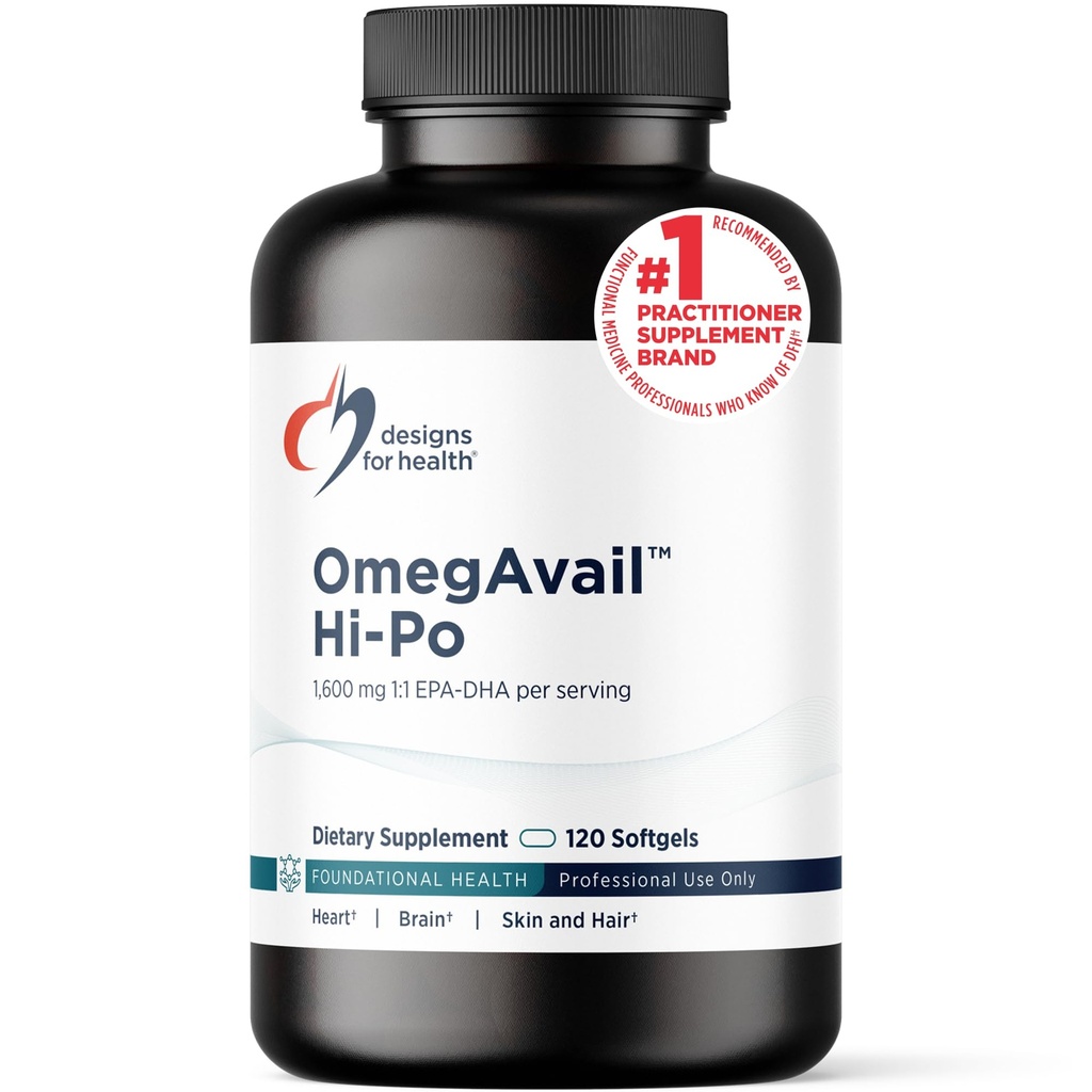 Diseños para la salud OmegAvail Hi-Po - TG (Triglyceride) Suplemento de aceite de pescado Omega-3, 1600mg EPA/DHA por servir con limón + vitamina E para minimizar el sabor a pescado (120 Softgels)