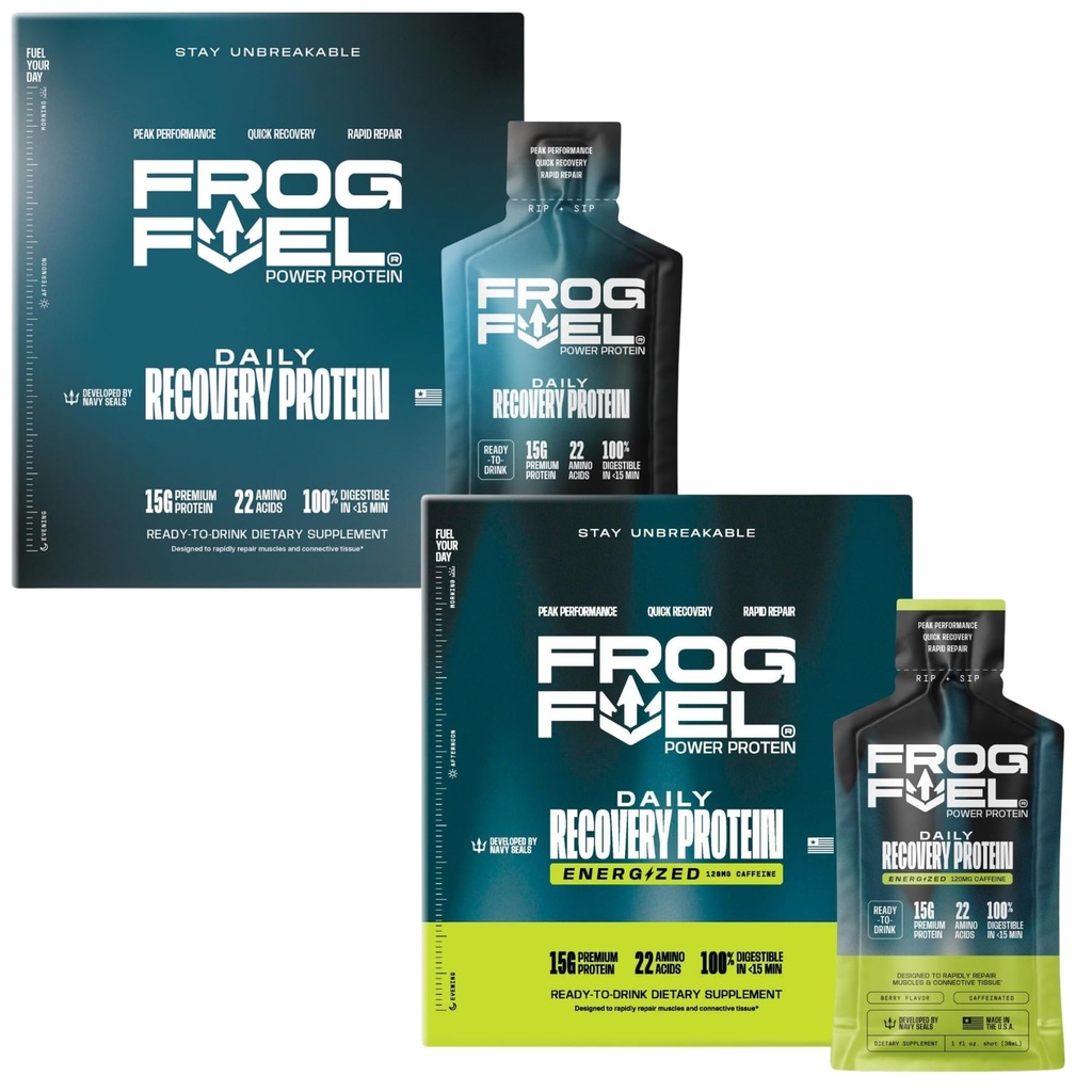 Frog Fuel Power Regular &amp; Power Energized Full Protein Shot Bundle, 15g Protein Nano-Hydrolyzed Grass Fed Collagen, Post Workout, Fat & Sugar Free, 22 Amino Acids, Berry, 1 oz Packets, 48 Pack Pack