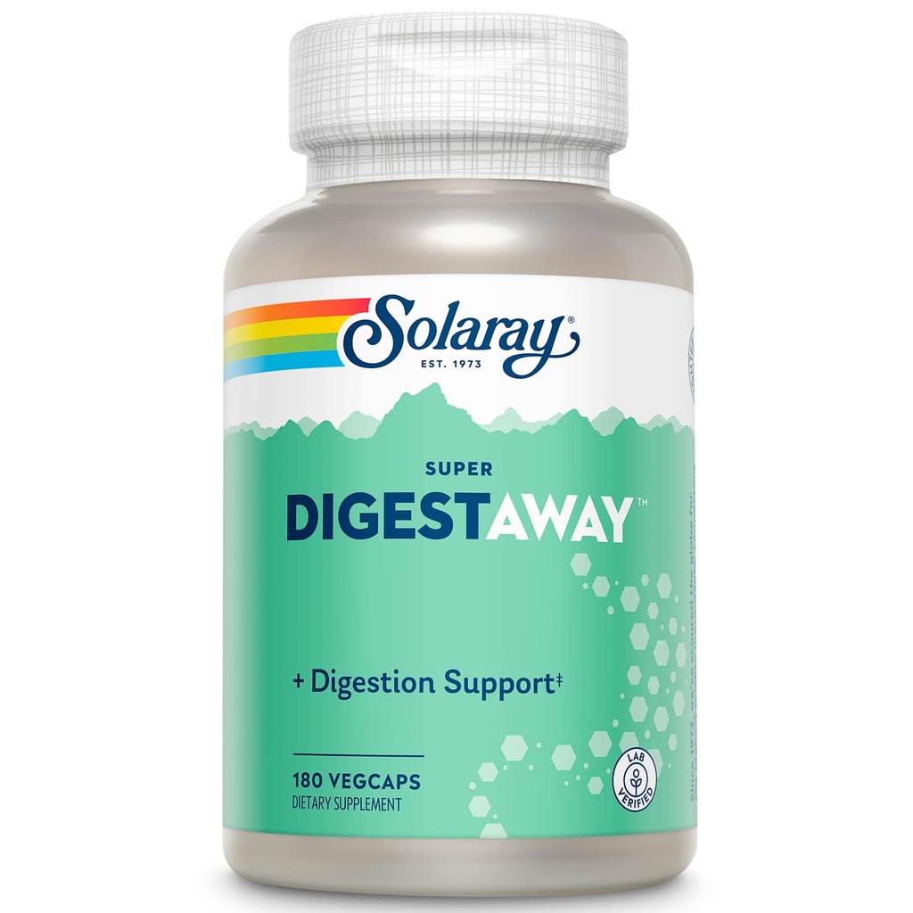 SOLARAY Super Digestaway Digestive Enzymes - Pancreatin, Papain, Ginger, Pepsin, Betaine HCl, Aloe Vera y Más - Digestión " Nutrient Absorption Support - Lab Verified - 180 VegCaps