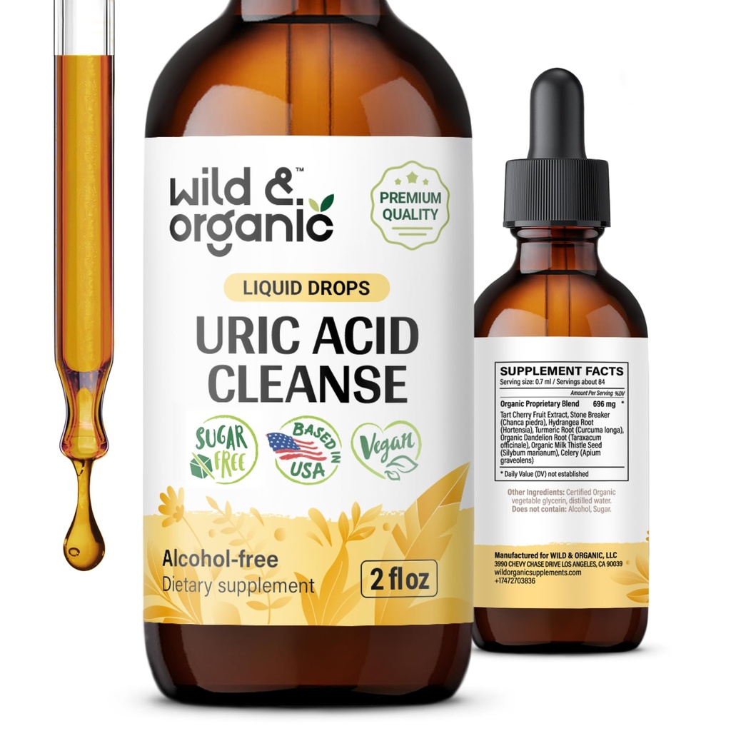 Wild &amp; Organic Uric Acid Cleanse Drops - Tart Cherry, Turmeric, Chanca Piedra Stone Breaker Complex for Kidney Cleanse - Uric Acid Support Supplement - Vegan, Sugar &amp; Alcohol-Free Tincture - 2 oz