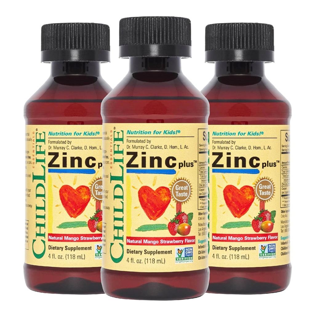 CHILDLIFE ESSENTIALS Liquid Zinc Plus for Kids &amp; Toddler - Liquid Supplement Drops, Zinc Gluconate " Copper for Immune Support - Mango Strawberry, 4 Fl Oz (Pack of 3)