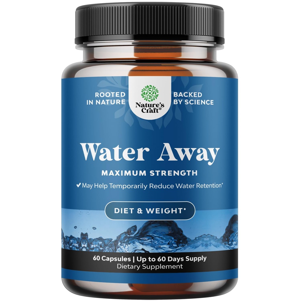Water Away Herbal Diuretic Pills High Strength - Fluid Retention Supplement with Dandelion Leaf Extract " Green Tea for Bloating Relief for Women " Men - Capsules for Leg " Feet Swelling - 60 Count