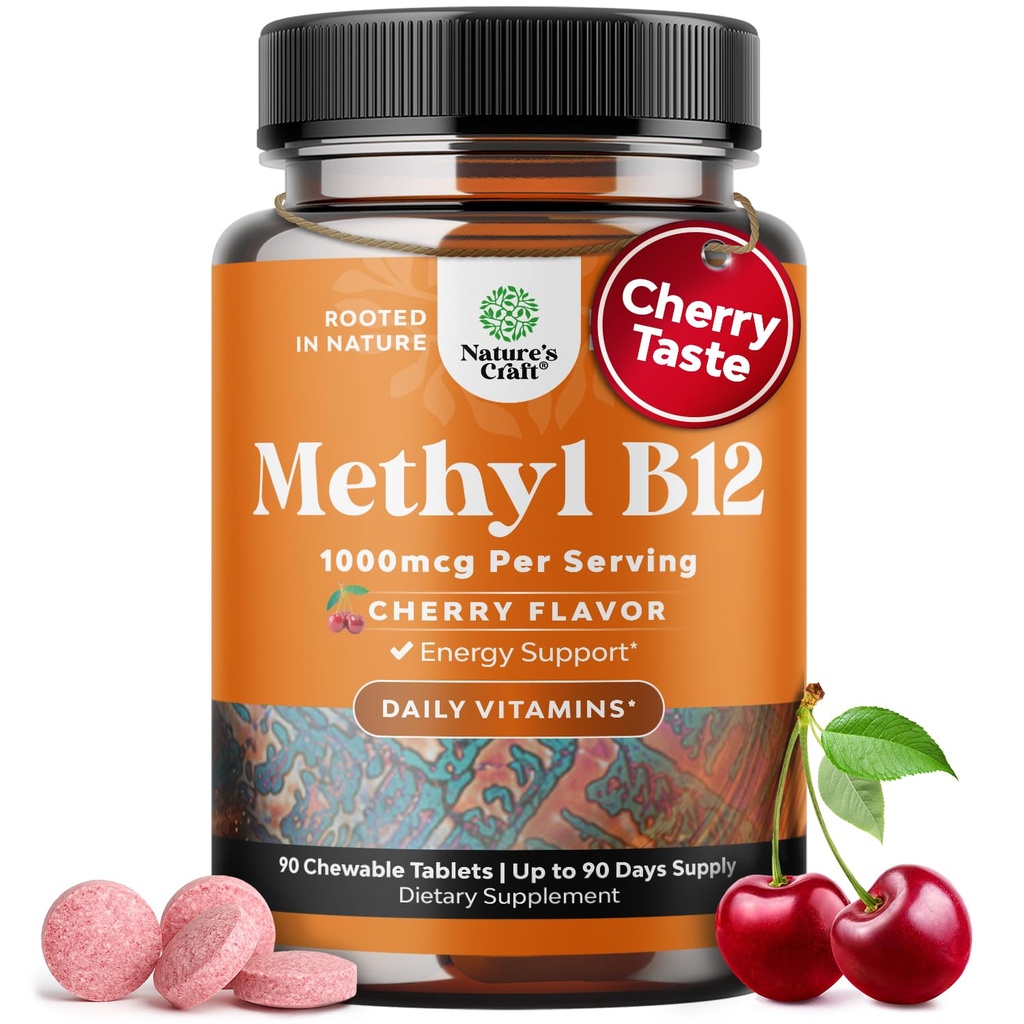 Vitamina Chewable B12 1000 mcg - Vitamina Vegana Metilada B12 para el apoyo cerebral Energía natural - Bone Health Eye Care and Mood Boost with Hair Skin and Nails Halal Vitamins