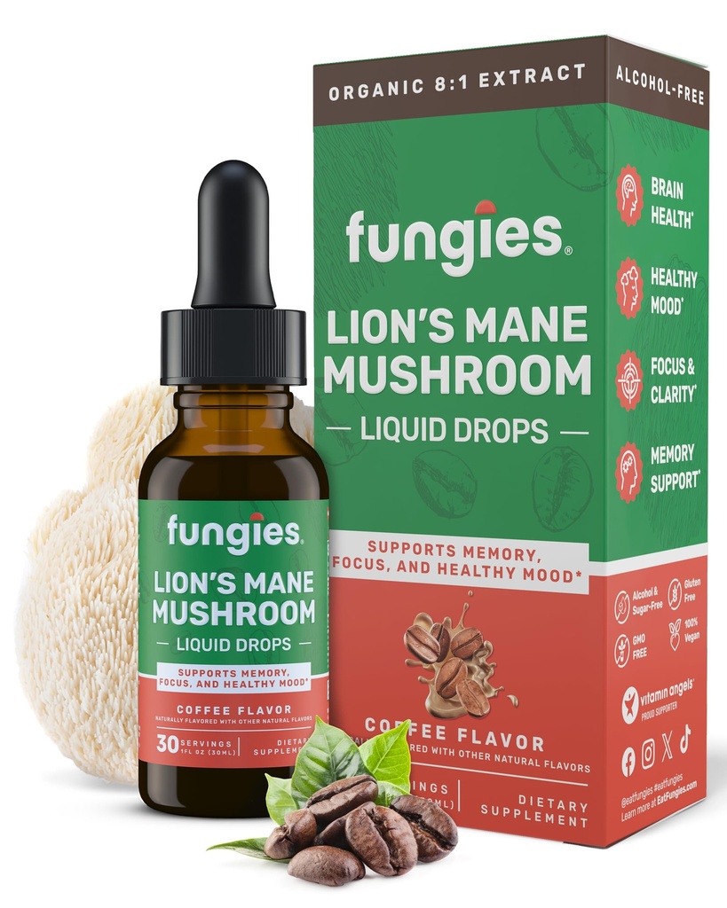 Fungies Mane Mushroom de León gotas líquidas, café - Tintura con Lions Mane Extract soporta Brain Fog, Focus, Memory & Healthy Mood - Mushroom Complex Supplement for Adults - 30 Servings