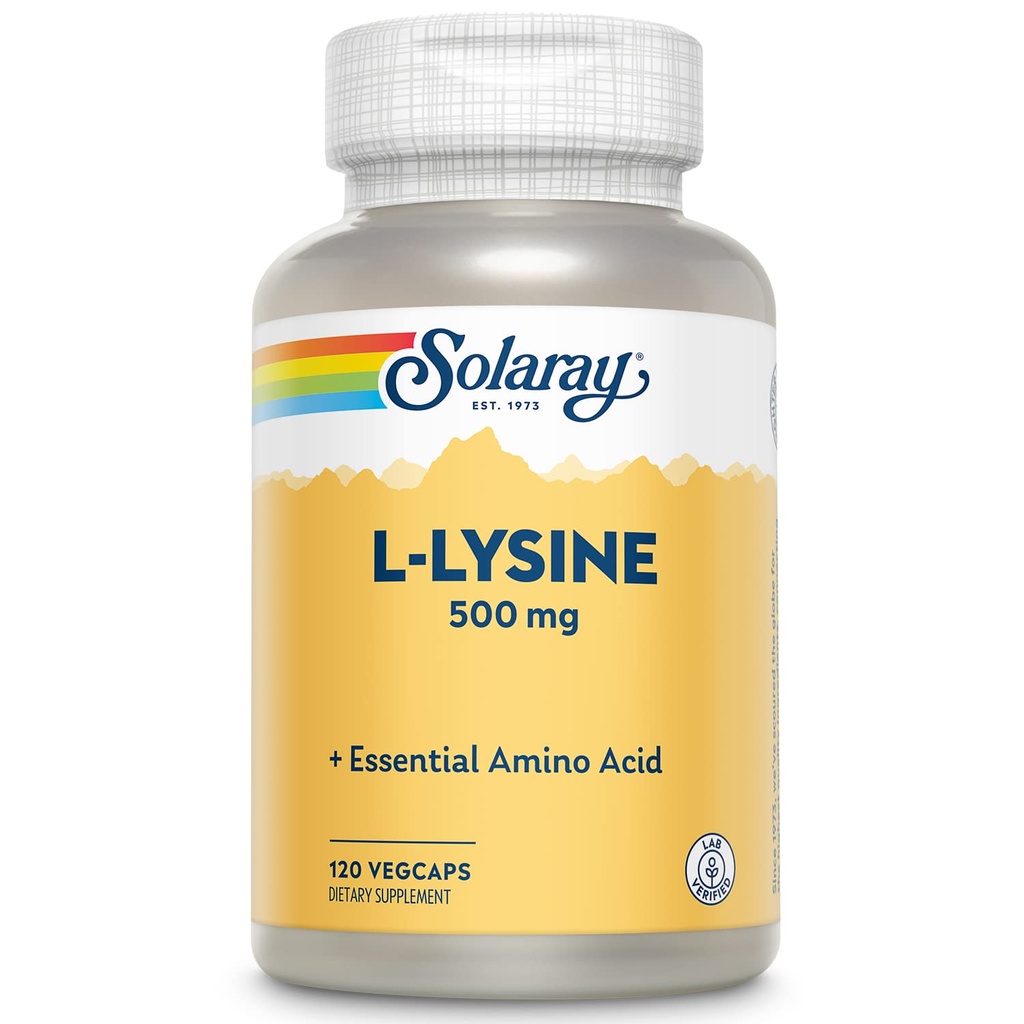 SOLARAY L Lysine 500 mg Capsules - Aminoácidos esenciales de formo libre Suplemento - Potente Wellness Soporte con L-Lysine Amino Acid - Lab Verified, 60-Day Garantía, 120 Servimientos, 120 VegCaps