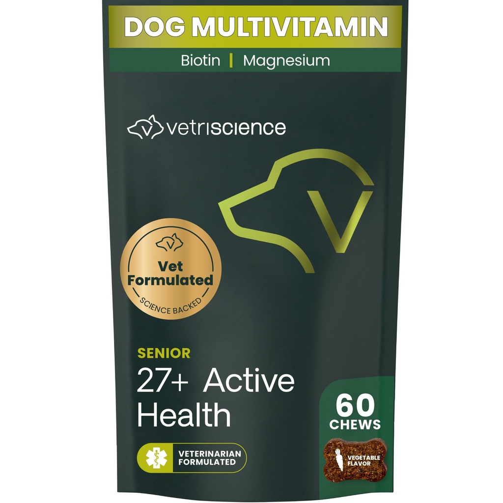 VetriScience Senior 27+ Salud activa, Canine Plus Daily Multivitamin for Senior Dogs, Vitaminas Equilibradas, Minerales y Antioxidantes, Saludable Aging and Wellness Support, Veggie, 60 Cuenta