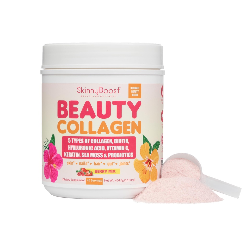 Collagen de belleza Powder-5 Tipos de Collagen hidrolizado, Moss de Mar, Biotina, Keratina, Ácido Hialurónico, Vitamina C y Probióticos – Hair, Esquí, uñas- Todo Natural, Hecho en USA-45 Servings- Berry mixto